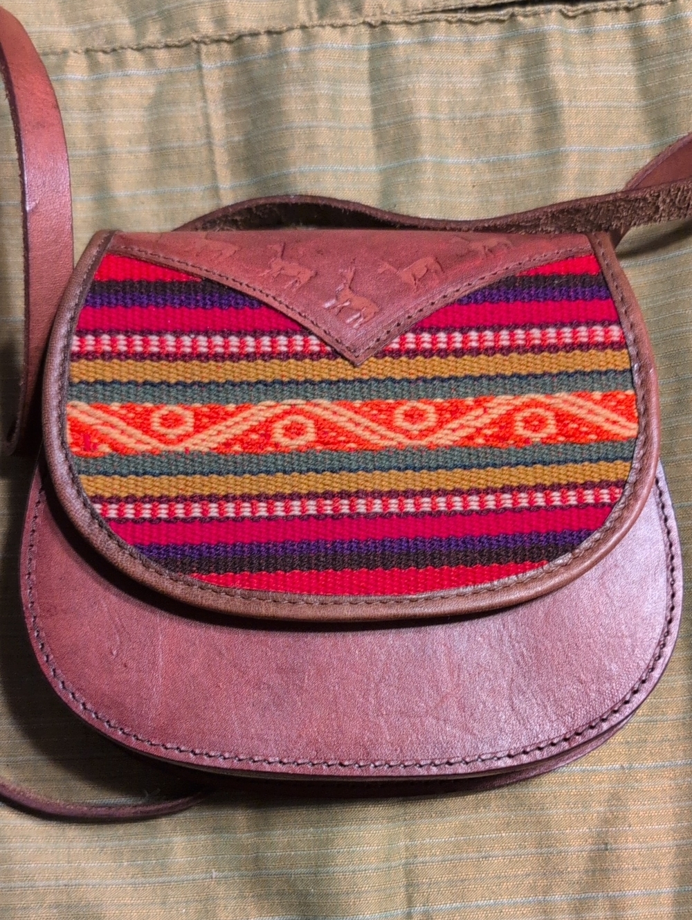 Bolivian Handcrafted Brown Leather Crossbody Purse with Multicolor Woven Accent